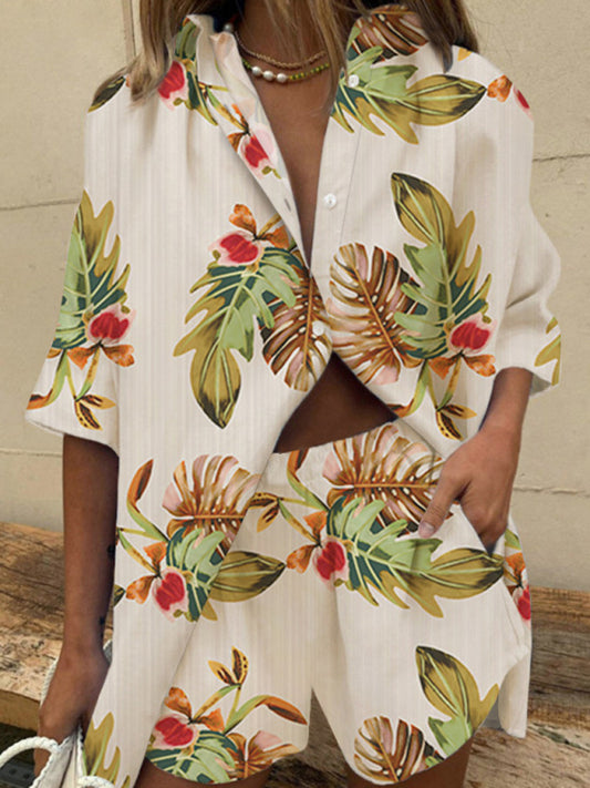 Women's Printed Short Sleeve Button Front Boxy Shirt With Matching Shorts
