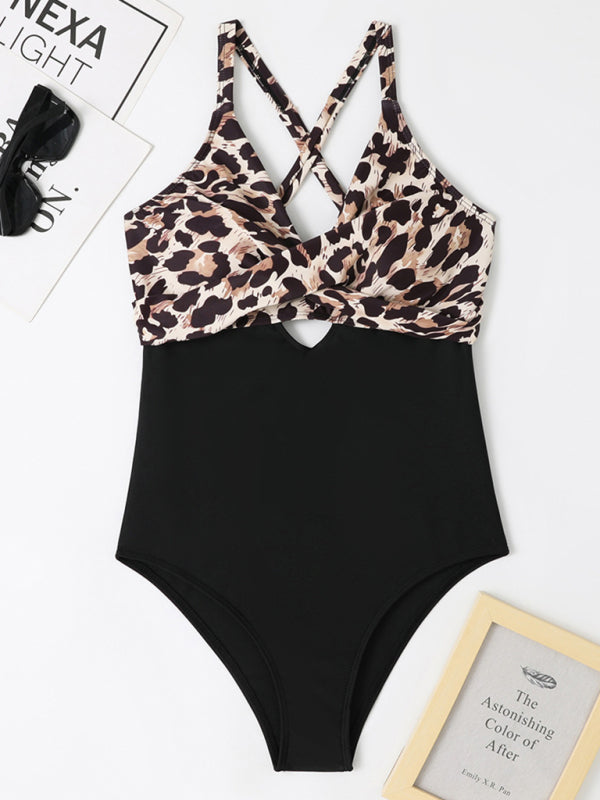 Women's Sexy Leopard Print Cross Hollow Back Cross Butterfly Button One-Piece Swimsuit
