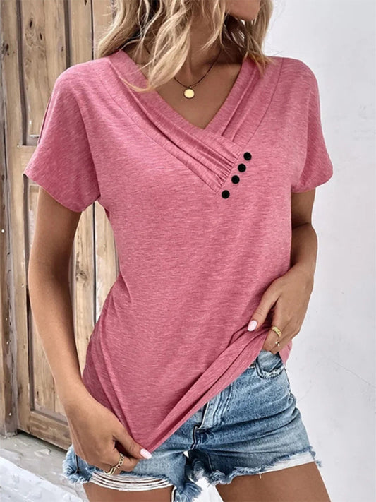 Women's Solid Color V-Neck Buttons Detail Cotton Blend T-Shirt