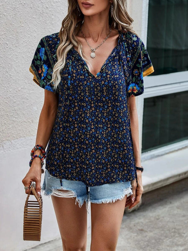 Women's casual ethnic style printed V-neck short-sleeved loose shirt