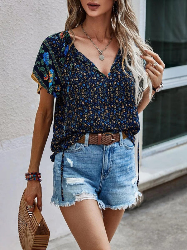 Women's casual ethnic style printed V-neck short-sleeved loose shirt