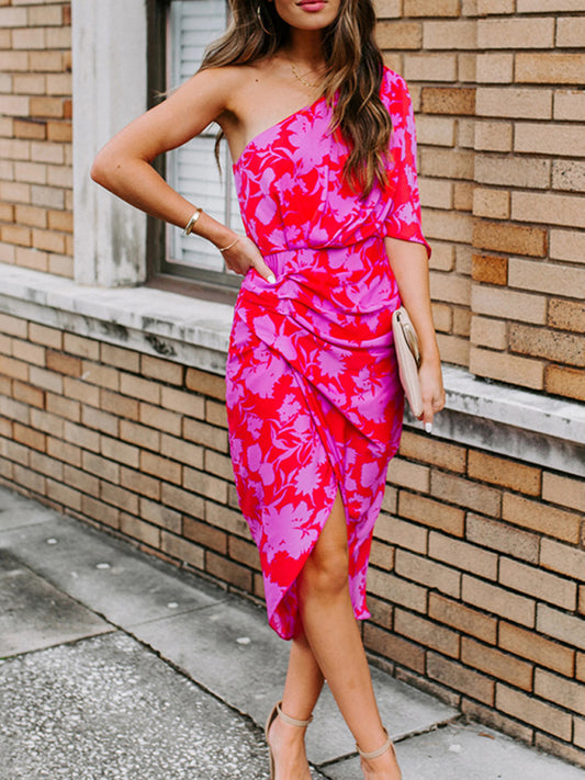 Women's Slant Neck Off Shoulder Chiffon Print Dress