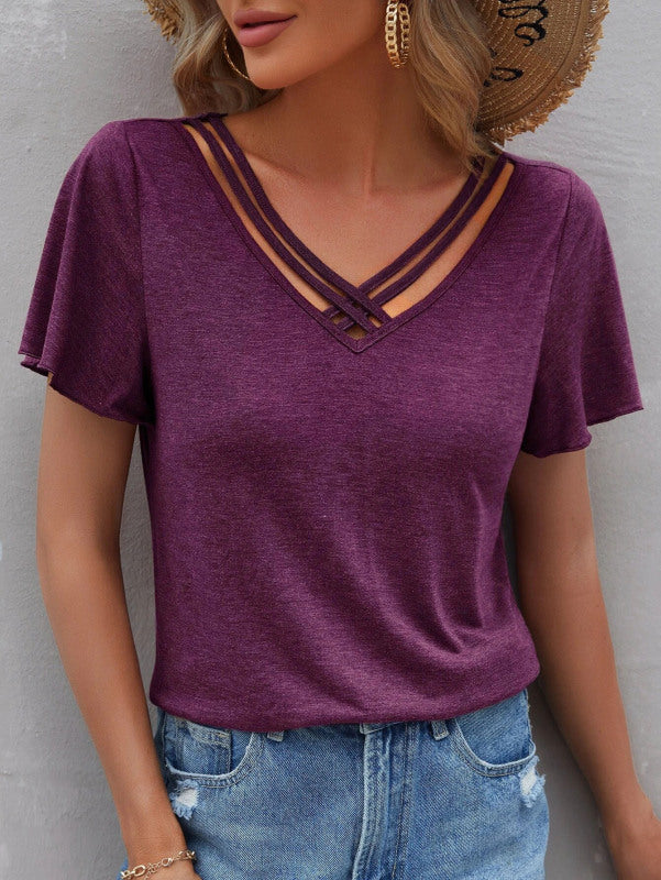 Women's Solid Color Cross Straps V-Neck Tee