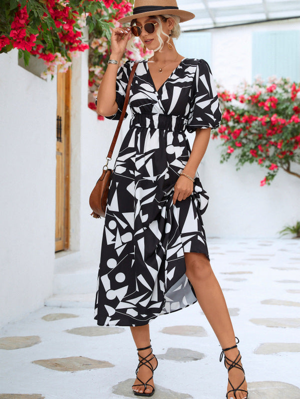 Women's Casual V-Neck Puff Sleeve Dress